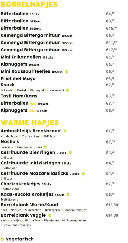 Menukaart; hapjes en drankjes tijdens het bowlen Pins & Pints Bowling